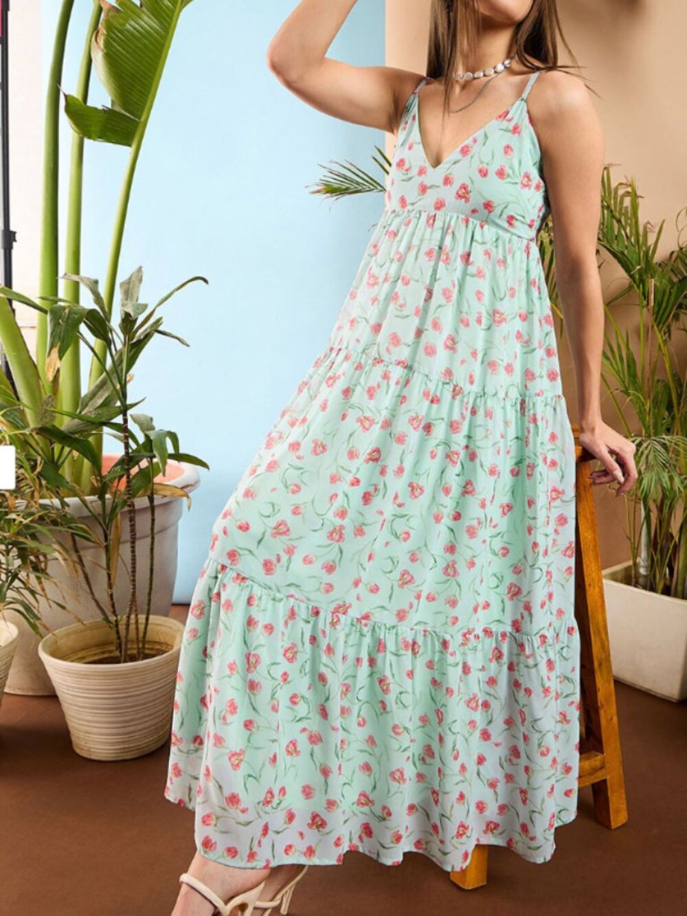 Floral Printed Shoulder Strap Tiered Maxi Dress Sea Green Mint Pink Tulips